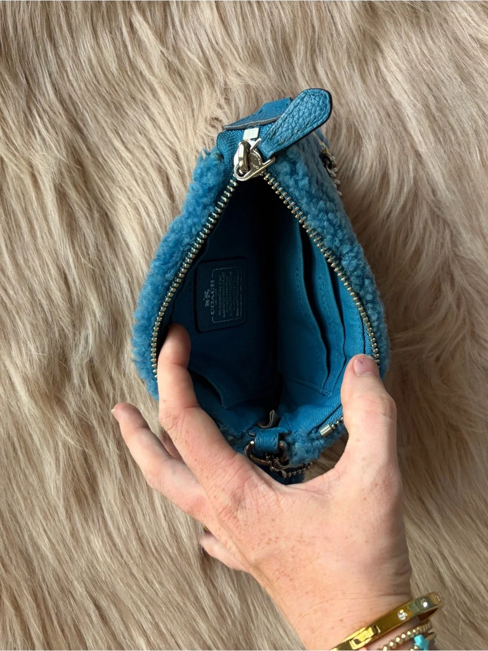 Coach Teal Blue Shearling Wristlet with Chain and Pom